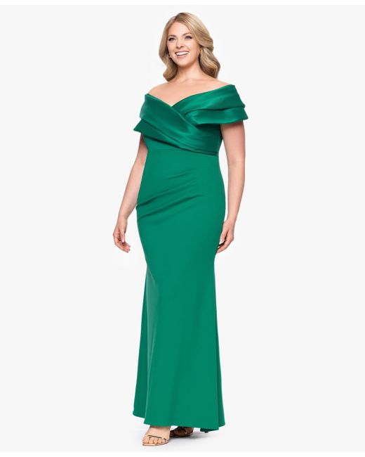 Betsy & Adam Green Plus Size Mixed-material Off-the-shoulder Gown