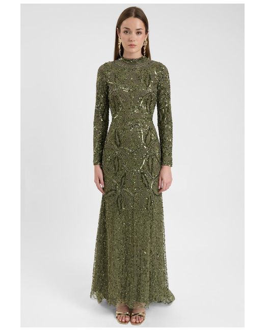 MARYISA Women's Green Modest Embellished Sequin Beaded Dress Maxi With Trail