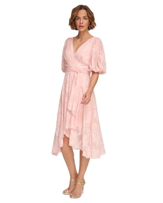 DKNY Pink Floral-jacquard Faux-wrap Dress