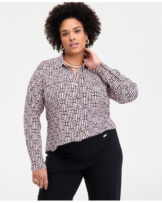 INC International Concepts Purple Inc Plus Size Printed Flap-pocket Knit Shirt