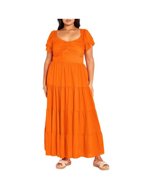 City Chic Orange Plus Size Ariella Flutter Sleeves Tier Maxi Dress
