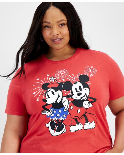 Disney Red Trendy Plus Size Mickey And Minnie Graphic T-shirt