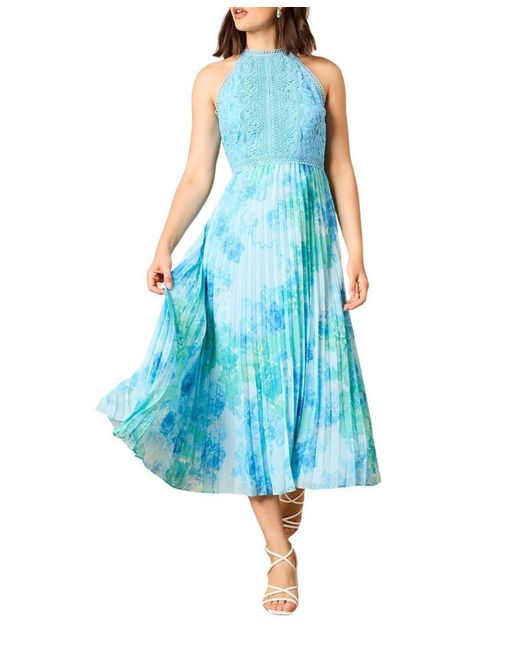 Oasis Blue Printed Lace Mix Halterneck Midi Dress