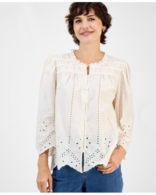 Style & Co. White Cotton Ruched 3/4-sleeve Eyelet Top