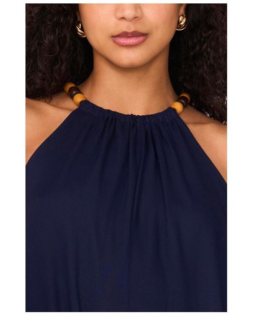 Msk Blue Halter Beaded-trim Asymmetrical-hem Jumpsuit