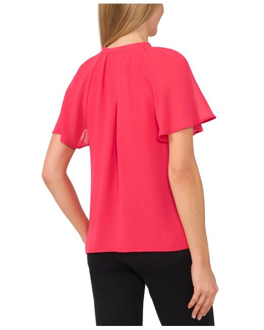 Cece Red Raglan Flutter-sleeve Pleated Bow Blouse