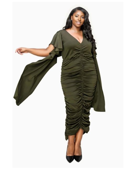 L I V D Green Plus Size Nadia Ruched V Neck Dress