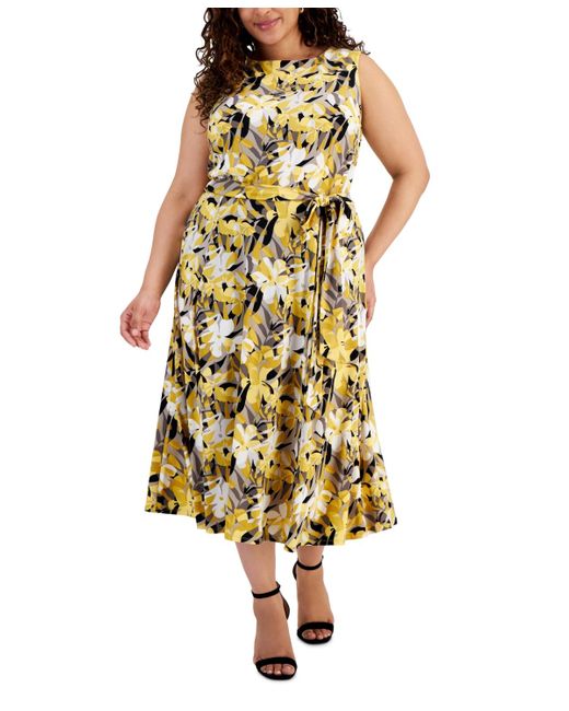 Kasper Yellow Plus Size Floral-print Fit & Flare Dress