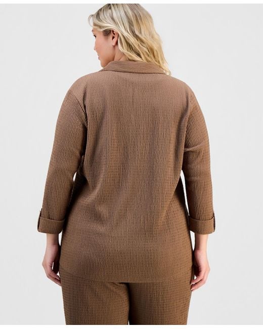 Anne Klein Essentials Brown Plus Size Collared Textured Top