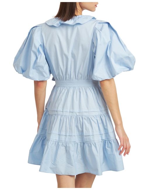 En Saison Blue Lorena Cotton Balloon-sleeve Mini Dress