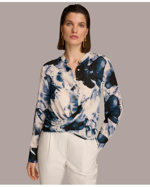 Donna Karan Multicolor Printed Faux-wrap Long-sleeve Top