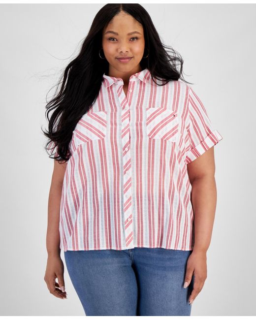 Tommy Hilfiger Red Plus Size Cotton Dobby Stripe Camp Shirt