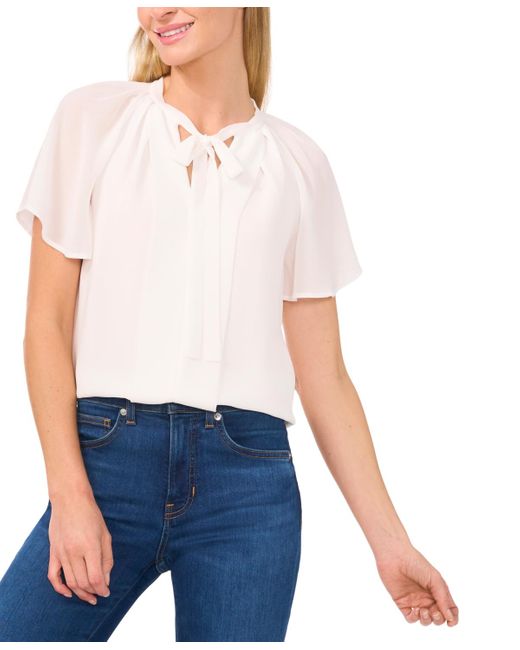 Cece White Raglan Flutter-sleeve Pleated Bow Blouse
