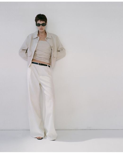 Mango White Wide Leg Pleated Jeans