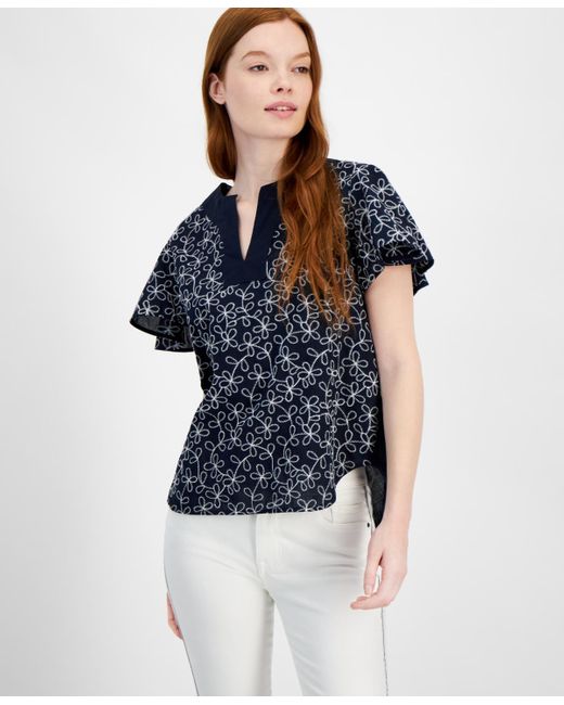 Tommy Hilfiger White Embroidered Cotton Flutter-sleeve Top