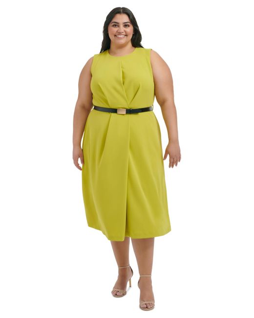 Calvin Klein Yellow Plus Size Belted Sleeveless Midi Dress