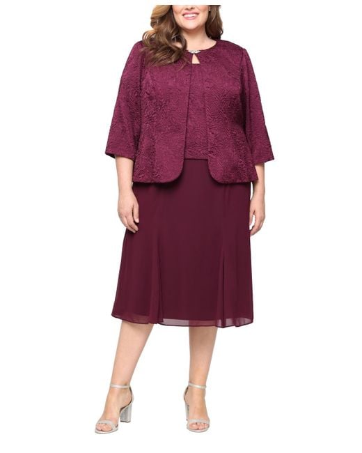 Alex Evenings Women's Plus Size Tea Length Textured Jacquard 3/4