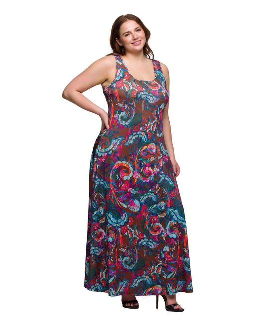 24seven Comfort Apparel Purple Plus Size Print Scoop Neck A-line Sleeveless Maxi Dress
