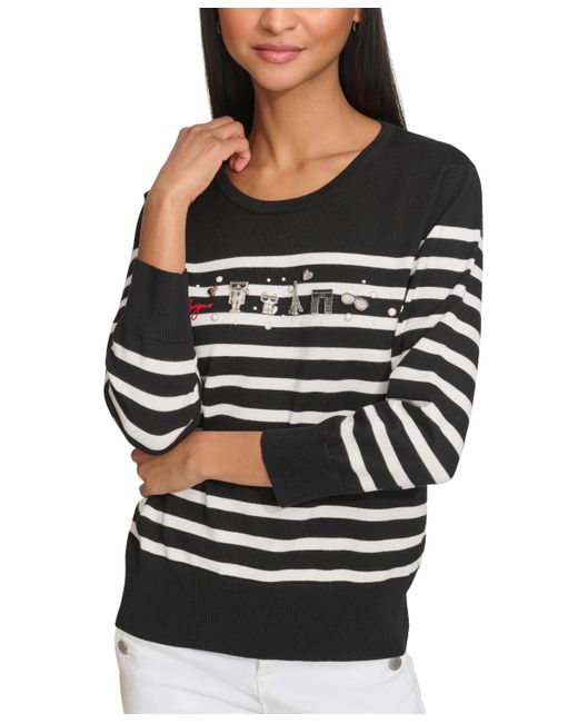 Karl Lagerfeld Gray Embellished Striped 3/4-sleeve Sweater