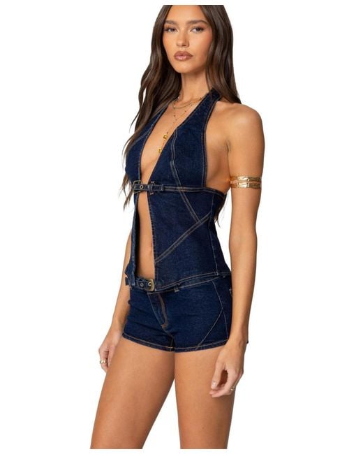 Edikted Blue Ciel Split Front Denim Halter Top