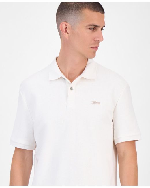 Guess White Minimal Logo Short Sleeve Textured Polo Shirt for men