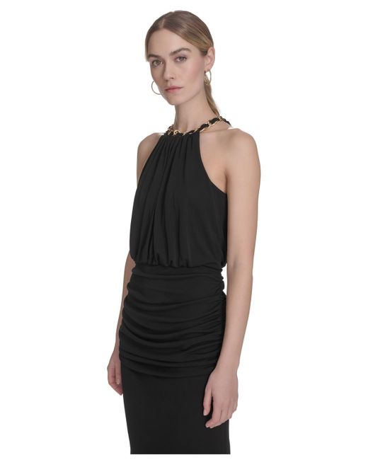 Eliza J Black Chain-link Halter Blouson Gown