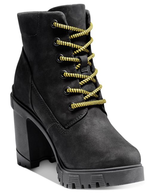 Timberland Leather Lana Point Buckle Lug Sole Booties in Black Nubuck