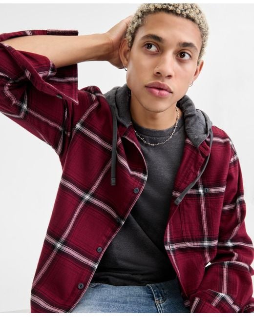 Sun & Stone Sun + Stone Bird Layered-look Hooded Cotton Flannel Plaid Shirt for men