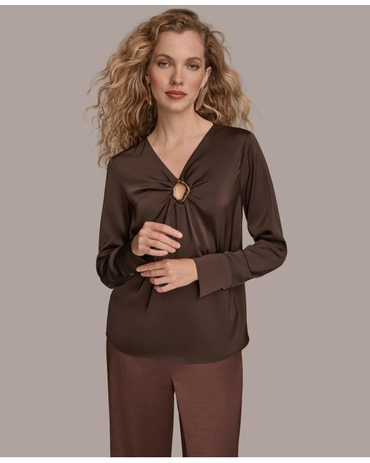 Donna Karan Brown V-neck Embellished Top