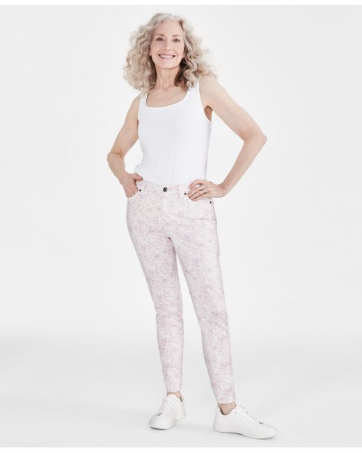 Style & Co. White Petite Mid Rise Floral Print Skinny Jeans