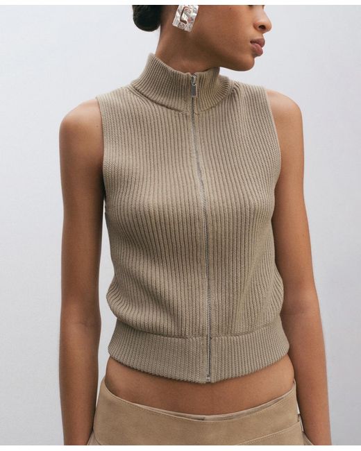 Mango Natural Zip Ribbed Knitted Top