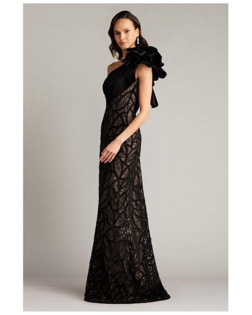 Tadashi Shoji Black Caraway One Shoulder Leaf Motif Gown