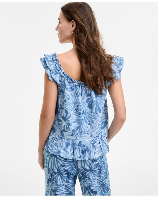 Nautica Blue Palm-print Sleeveless Shoulder-ruffle Top
