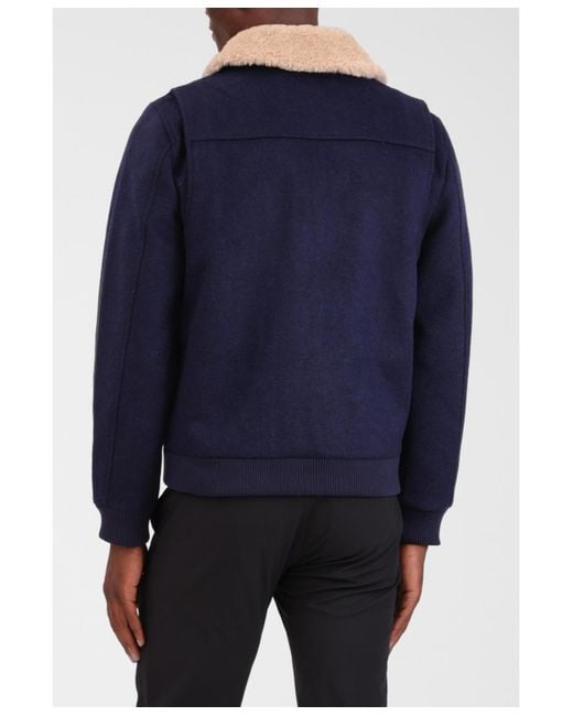 Bagatelle Homme Blue Wool Blend Faux Fur Collared Bomber Jacket for men