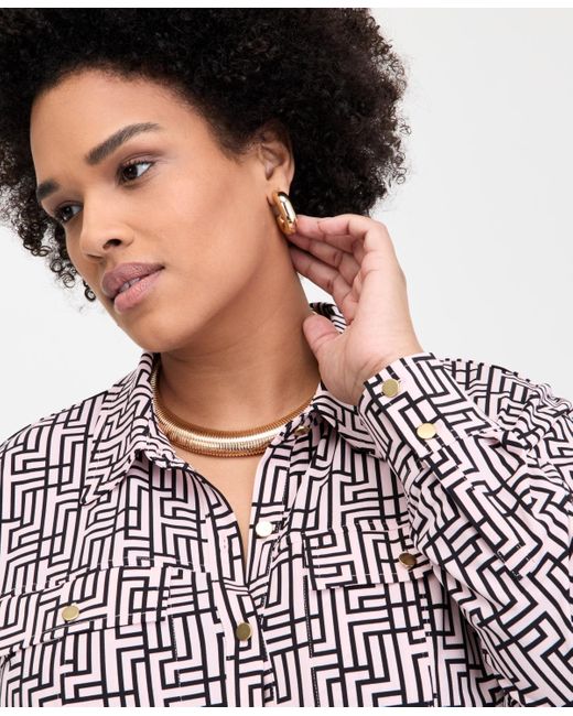 INC International Concepts Purple Inc Plus Size Printed Flap-pocket Knit Shirt