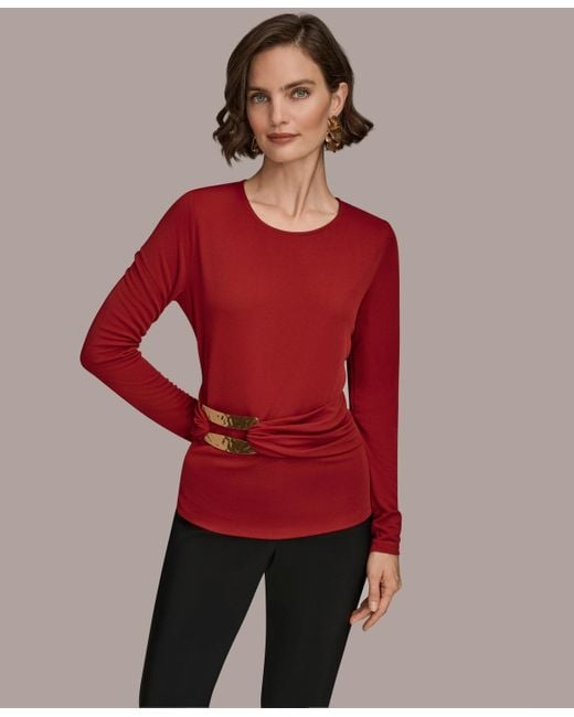 Donna Karan Red Long Sleeve Double Bar Hardware Top