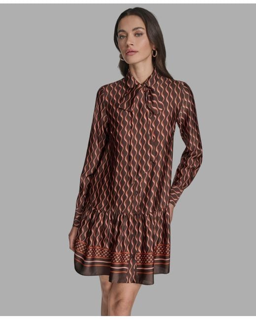 BCBGMAXAZRIA Brown Satin Tie-neck Long-sleeve Shift Dress