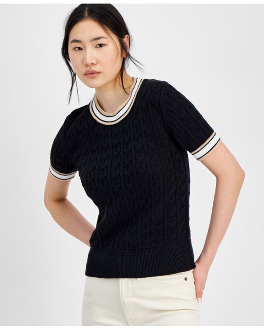 Tommy Hilfiger Black Short-sleeve Cable-knit Sweater