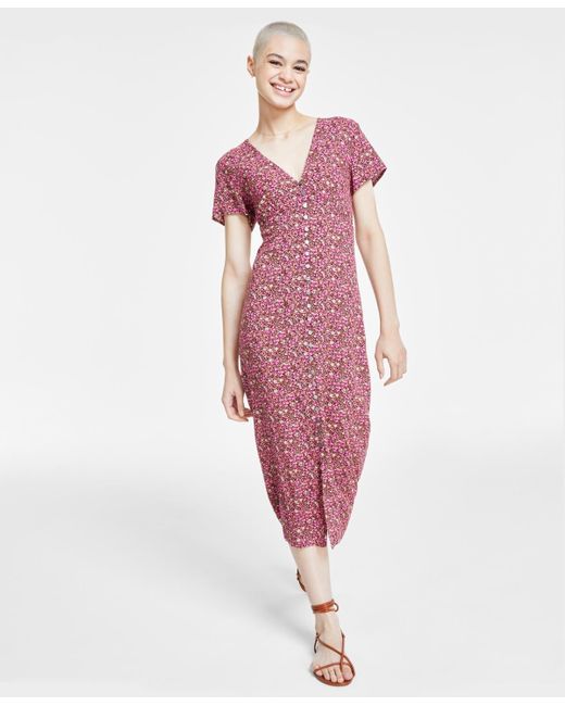 Lucky Brand Pink Floral Print Button Front Midi Dress