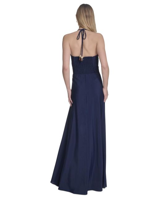 Eliza J Blue Ruched-front Halter Maxi Dress