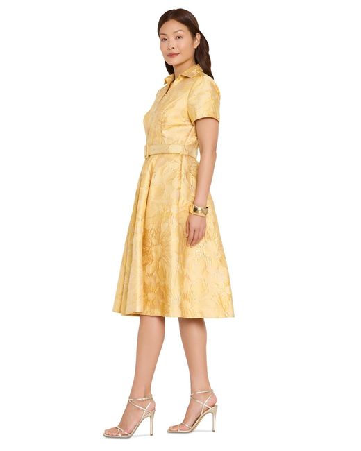 Tahari Belted Short-sleeve Collared Midi Dress in Yellow | Lyst