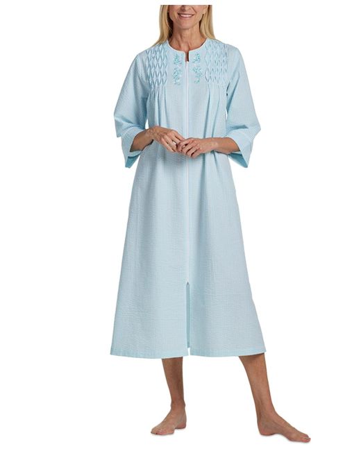 Miss Elaine Blue 3/4-sleeve Zip Seersucker Robe