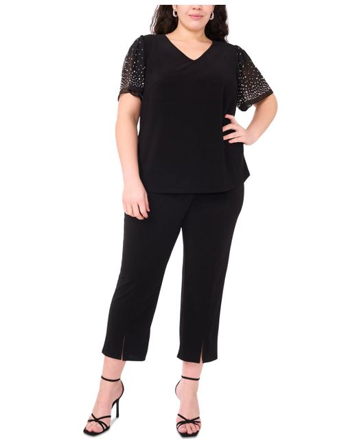 Msk Black Plus Size V-neck Combo Short-sleeve Evening Top