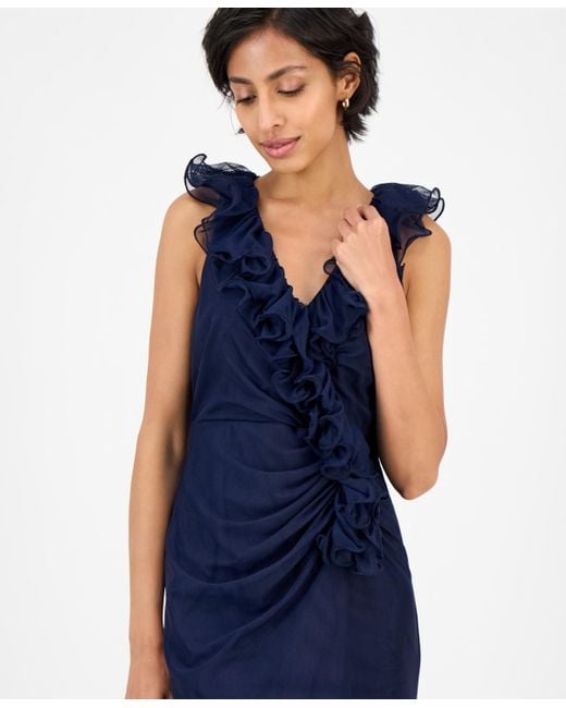 Alex Evenings Blue Petite Ruffled V-neck Sleeveless Mesh Gown