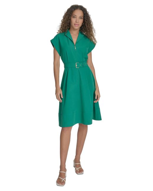 Calvin Klein Belted Cap-sleeve Commuter Dress in Green | Lyst