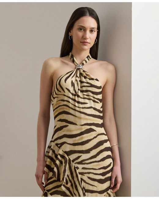 Ralph Lauren Natural Zebra-print Ruffle-trim Georgette Gown