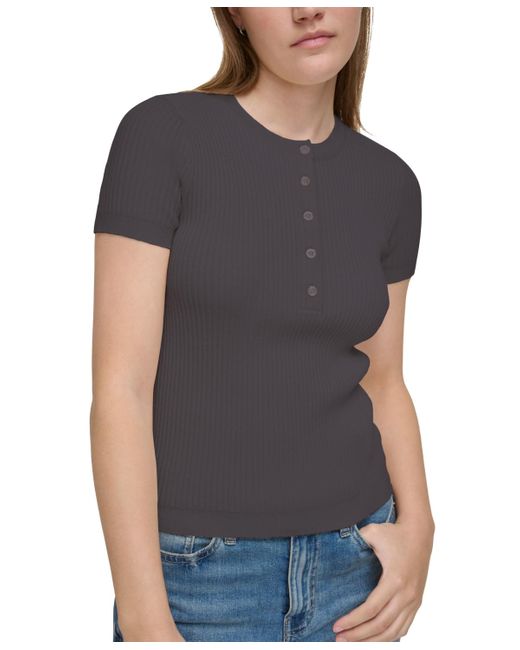 Calvin Klein Gray Petite Short-sleeve Rib-knit Henley Top