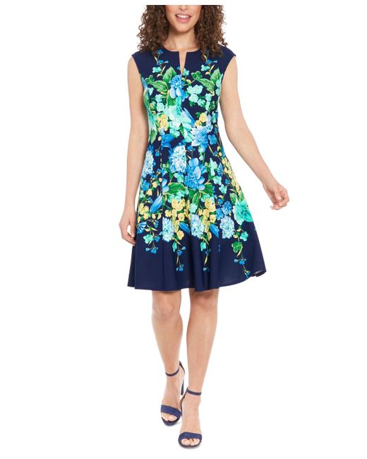 London Times Blue Floral-print Fit & Flare Dress