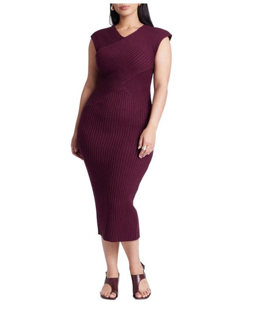 Eloquii Purple Plus Size Cross Front Rib Midi Sweater Dress