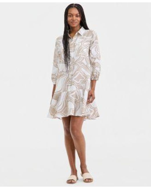 Charter Club Women's White 100 Linen Print Button Front 3 4 Sleeve Dress  Macys Exclusive - www.ice4pros.com.br